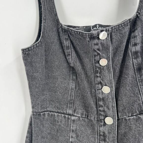 Lulus Corra Denim Mini Dress S Washed Black Button Front Jean Jumper Square Neck - Picture 6 of 12